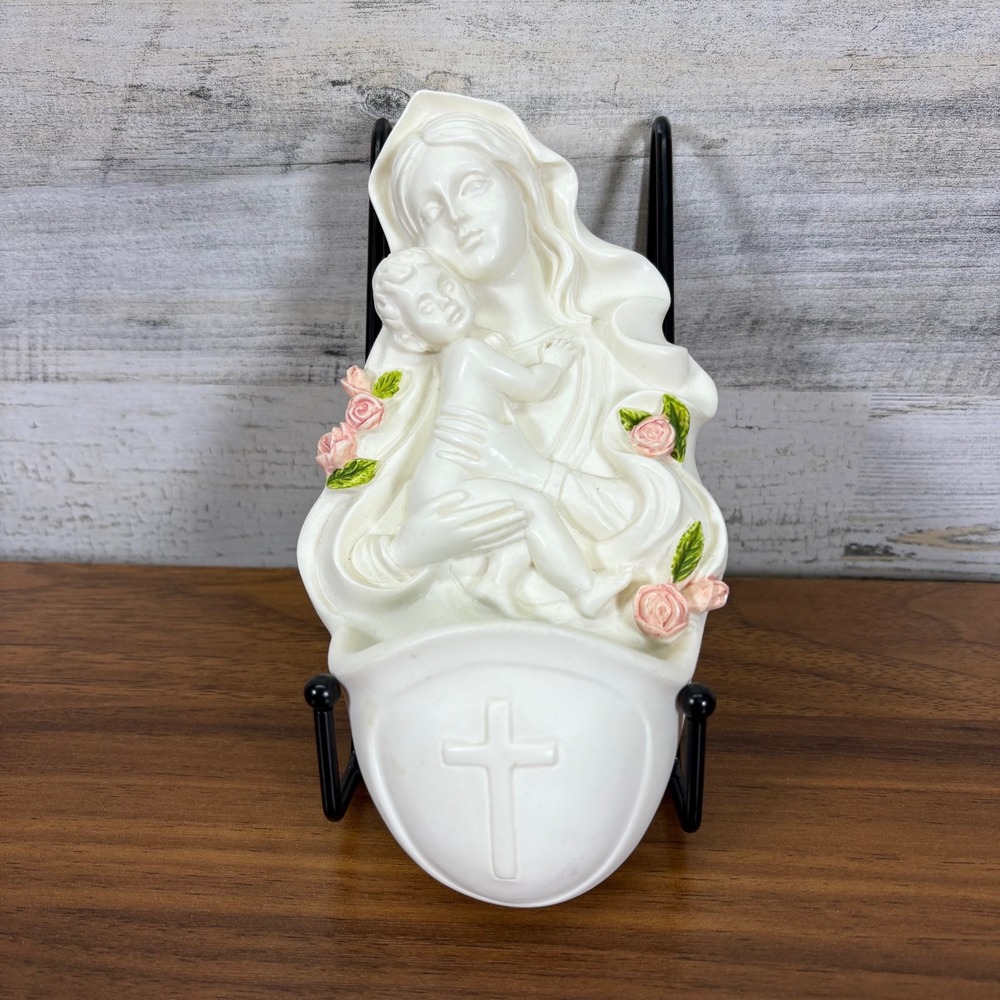 Italian Virgin Mary and Baby Jesus Ceramic Floral Display Wall Decor Handmade 7"